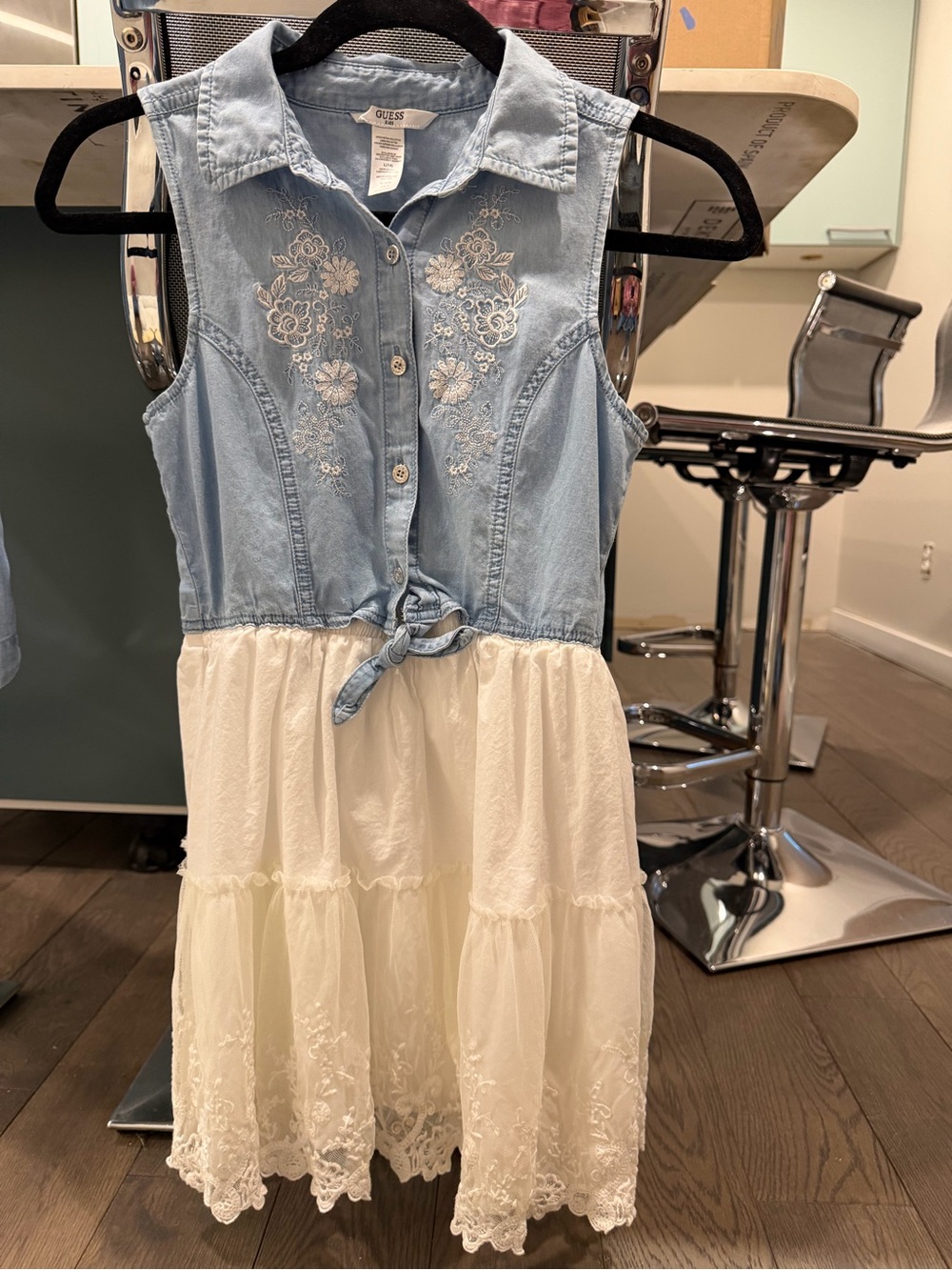Guess Girls Blue Denim Embroidered Tie-Front Top with White Tiered Skirt